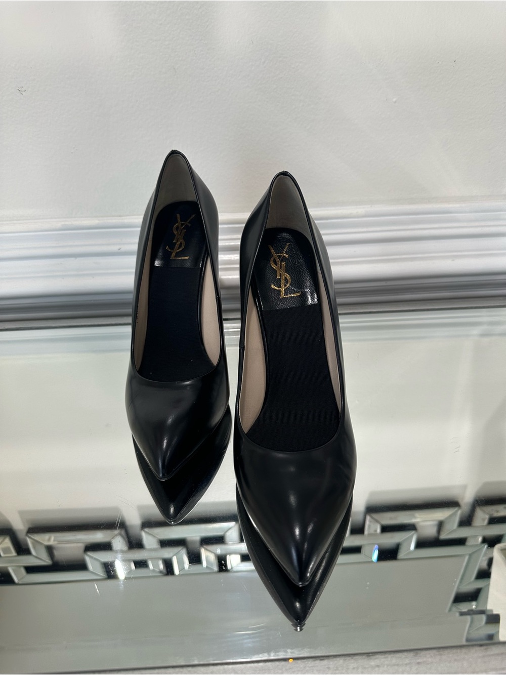 Yves Saint Laurent Black Patent Pointed Pumps with Gold YSL Insole